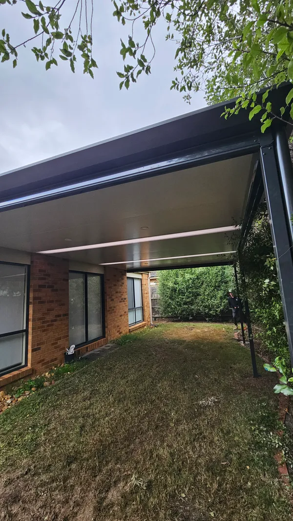 Dark steel Cooldek patio frame viewed from beneath