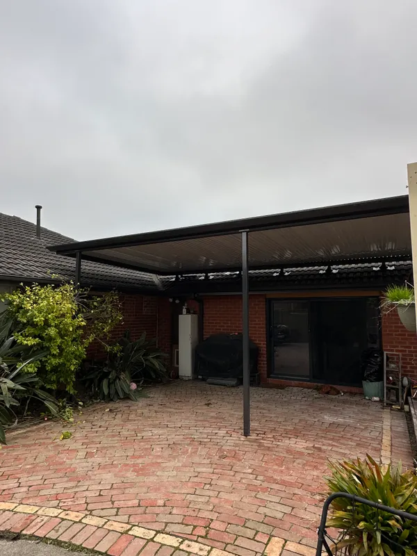 Front view of black steel patio framing in Bayswater