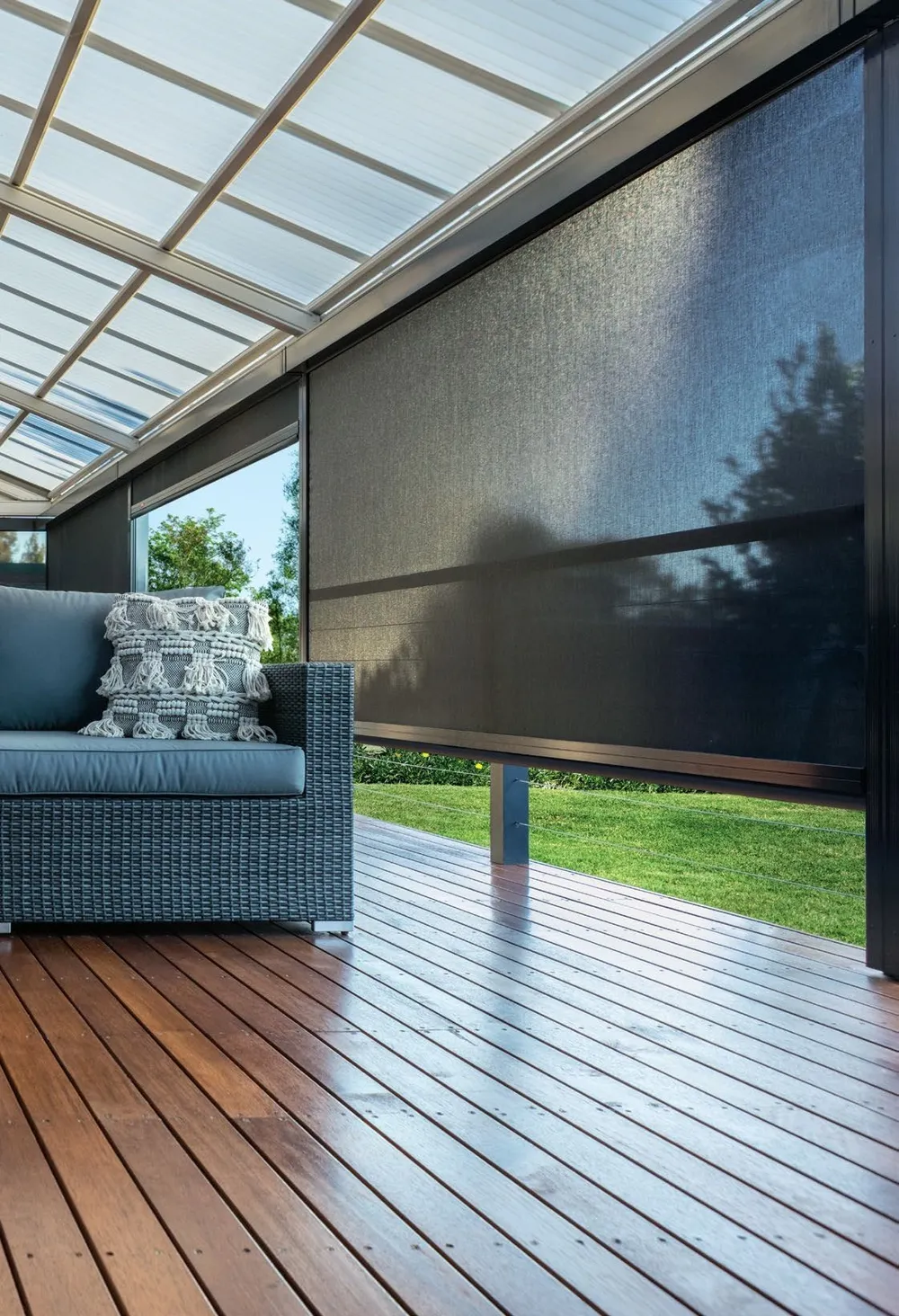 Outdoor blinds installed on a patio for year-round outdoor living